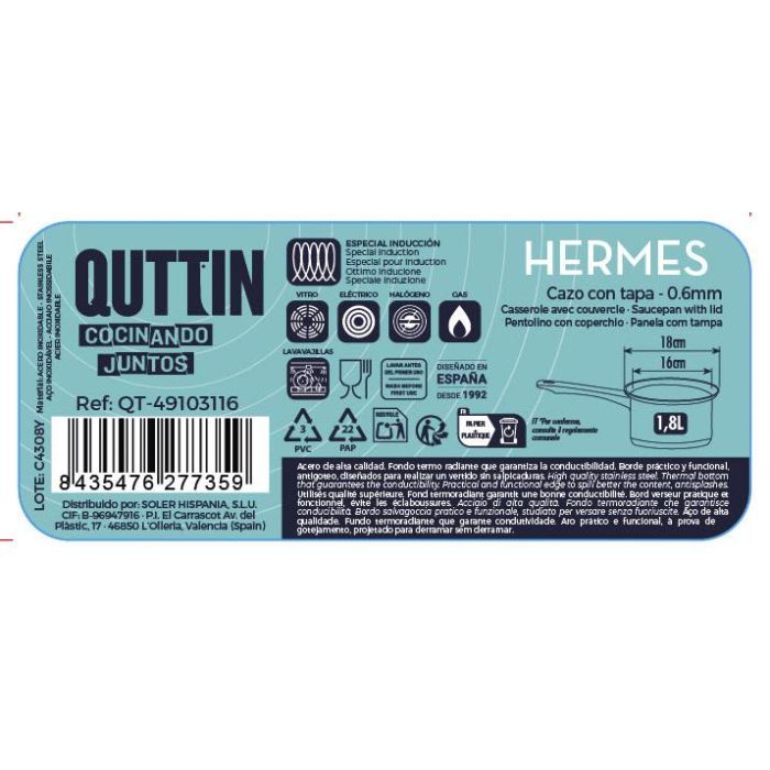 Cazo Hermes 16 cm (1.8L) Acero Inoxidable con Tapa - Inde (8 Unidades) 2 Cazo Hermes 16 cm (1.8L) Acero Inoxidable con Tapa - Inde (8 Unidades) 2