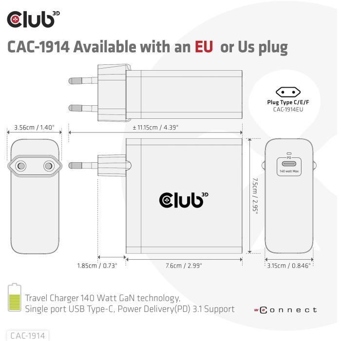 Club3D Ladegerät 1xUSB Typ C PD 140W. GaN retail 9