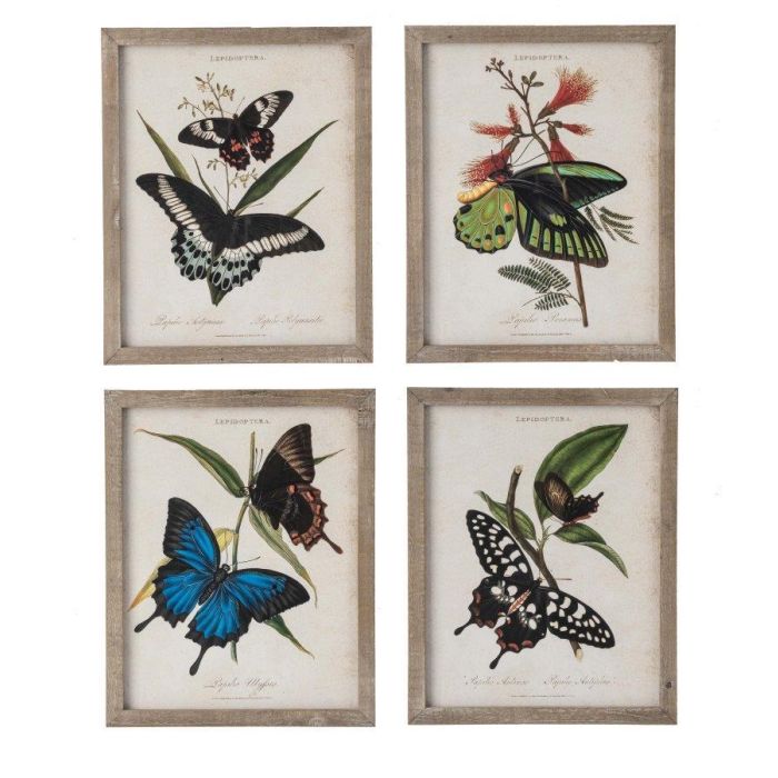 DKD Home Decor Cuadro Shabby con Mariposas de Cristal y Abeto Multicolor Beige 50x40 cm (4 Unidades)