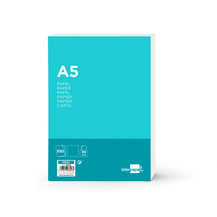 Liderpapel Papel A5 80g/m2 Liso Paquete 100 Hojas Blanco Escritura 1