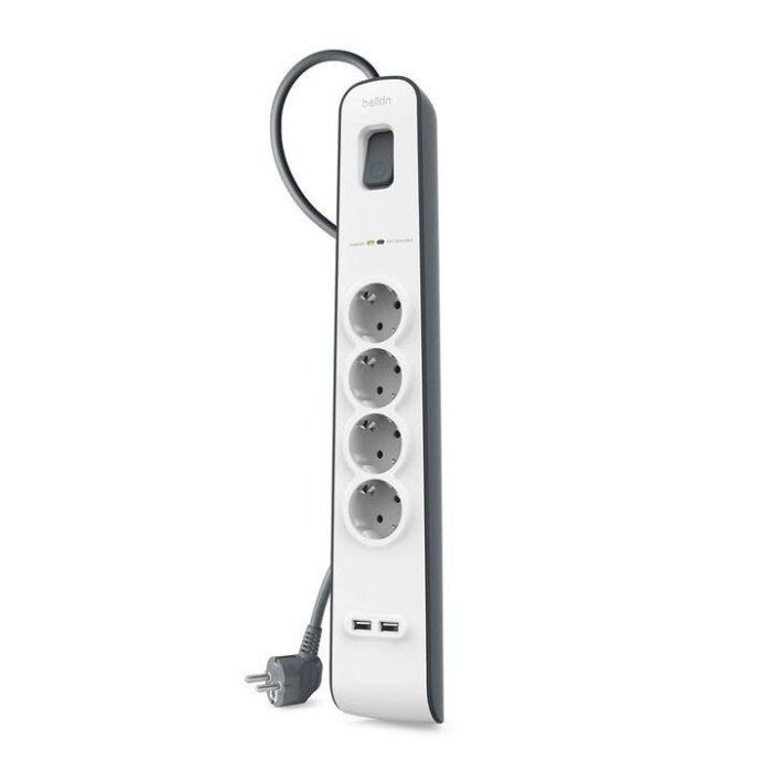Belkin Regleta de Protección Contra Sobretensiones con 4 Tomas y 2 Puertos USB, Cable de 2 Metros, Blanco-Gris 2