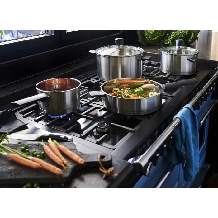 Baumalu Batería de Cocina Onyx 6 Piezas Acero Inoxidable Recta Interior Pulido Espejo Exterior Satinado Tapa Vidrio Mangos Baquelita Cacerola 16cm 20cm 24cm Sartén 24cm Tapa 24cm 1