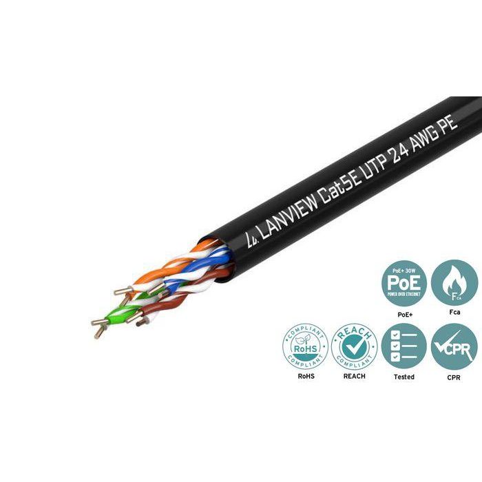 Lanview Cable de Red Cat5e U-UTP Negro 305m con Revestimiento PE para Uso en Exterior 4x2xAWG24 Sin Apantallar y Minimiza Ruido EMI 1 Lanview Cable de Red Cat5e U-UTP Negro 305m con Revestimiento PE para Uso en Exterior 4x2xAWG24 Sin Apantallar y Minimiza Ruido EMI 1