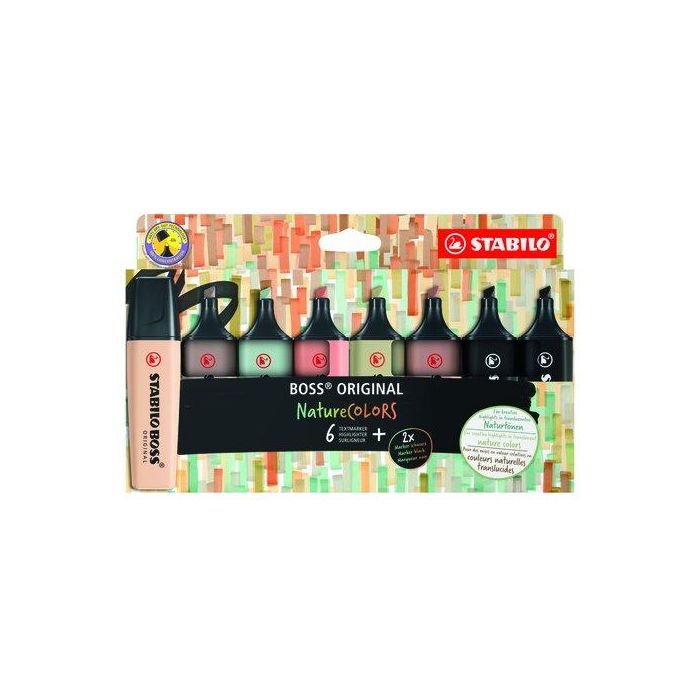 Stabilo Marcador Boss Original Naturecolors, Estuche 6+2 Ud, Tinta a Base de Agua, 23 Colores Incluyendo Fluorescentes y Pasteles