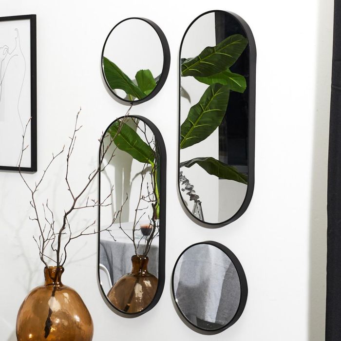 Home Deco Factory Juego 4 Espejos Versa Negro Lounge Redondo Ovalado Plástico Vidrio 30x70 cm 1
