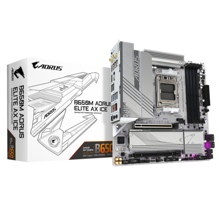 GIGABYTE B650M AORUS ELITE AX ICE Placa base para AMD Ryzen 9000 Series, DDR5, PCIe 5.0, WiFi 6E, LAN 2.5GbE GIGABYTE B650M AORUS ELITE AX ICE Placa base para AMD Ryzen 9000 Series, DDR5, PCIe 5.0, WiFi 6E, LAN 2.5GbE