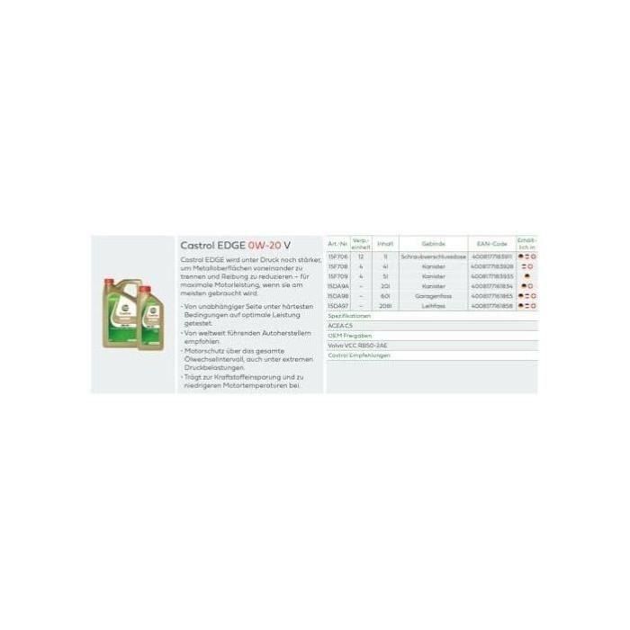 Castrol CAS4008177183911 Aceite de Motor EDGE 0W-20 V 1L 3 Castrol CAS4008177183911 Aceite de Motor EDGE 0W-20 V 1L 3