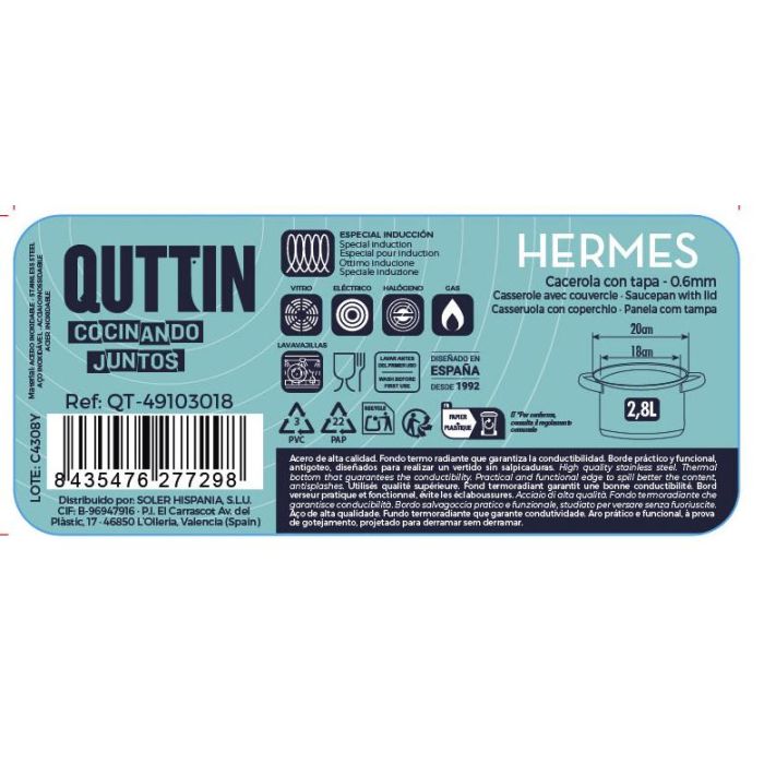 Cacerola Hermes 18 cm (2.8L) Acero Inoxidable con Tapa - Inde (6 Unidades) 4 Cacerola Hermes 18 cm (2.8L) Acero Inoxidable con Tapa - Inde (6 Unidades) 4