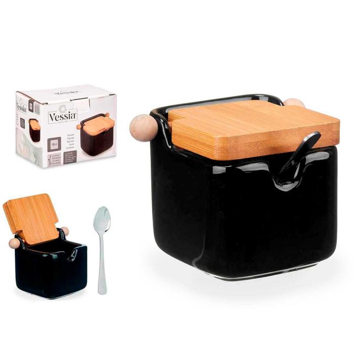 Azucarero de Cerámica Negro con Tapa de Bambú Vessia 11x7.5x7.7 cm (6 Unidades) Azucarero de Cerámica Negro con Tapa de Bambú Vessia 11x7.5x7.7 cm (6 Unidades)