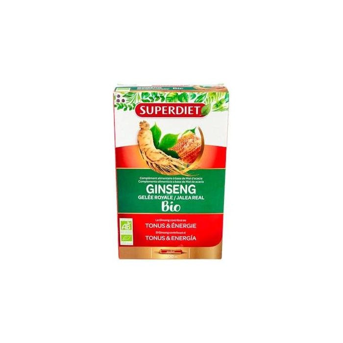 SUPERDIET Ginseng + Jalea Real Bio 20 Ampollas para Vitalidad y Resistencia, Mejora Condición Física y Vigor