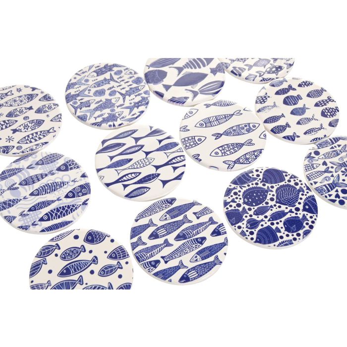 DKD Home Decor Posavasos Mediterraneo Azul Marino Blanco 11 x 0.7 x 11 cm (72 Unidades) Dolomita Corcho