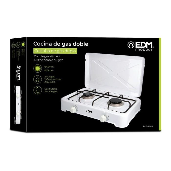 Edm Cocina de gas 2 fuegos esmaltada para gas butano en exteriores blanca 48x33x8cm 1
