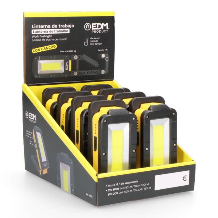 Edm Linterna de Trabajo LED Recargable COB 5W+3W 500lm Base Magnética Gancho USB IP44 7