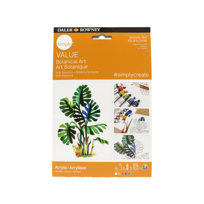 Daler Rowney Set de Pintura Acrílico Botánico D126900111 con 6 Tubos de 12ml, 3 Hojas de Plantilla y 2 Pinceles para Principiantes 1