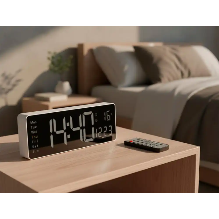 Q-connect Reloj Digital de Pared y Sobremesa con Temperatura, Mando a Distancia y LED Ajustable 387x32x130 mm 5