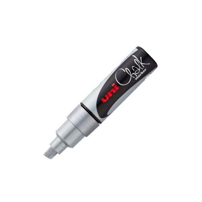 Uni-Ball Marcador De Tiza Líquida Chalk Pwe-8K Punta Biselada Plata Caja 6 Ud - Ideal para pizarras y vidrio, resistente a la lluvia