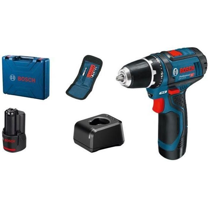 Bosch Professional GSR 12V-15 - Destornillador Taladro Atornillador Inalámbrico, 2 baterías 2.0Ah, cargador, estuche, 10 puntas