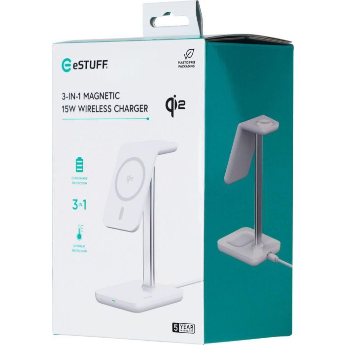eSTUFF Cargador Inalámbrico Magnético 3 en 1 QI2 para iPhone 12-16, Apple Watch, AirPods y Android. Máx 15W Teléfono 8