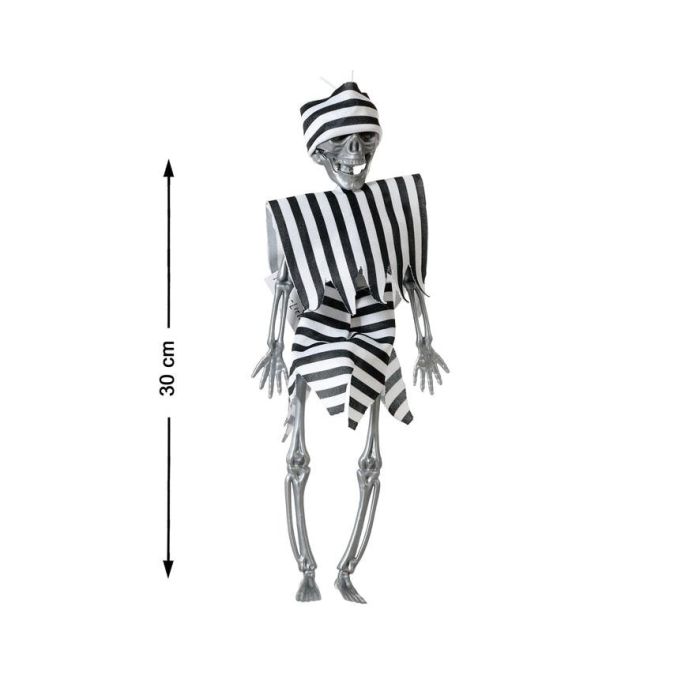 Figura de Esqueleto de Preso de 30 cm con Ropa a Rayas y Esposas - Decoración para Halloween y Fiestas Temáticas