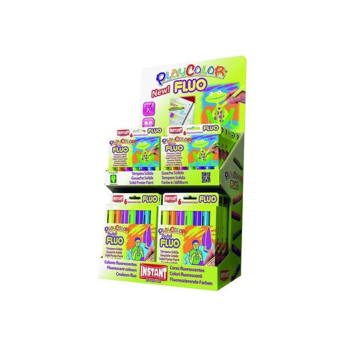 Tempera Instant Solida Playcolor Fluo Expositor De 144 (12 Estuches One 10Gr. De 6 Colores Y 12 Estuches Pocket 5Gr. De 6 Colores)