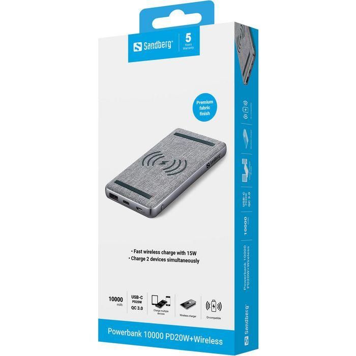 Sandberg Powerbank 10000 PD20W+Wireless Batería Secundaria Inteligente Carga Inalámbrica QI Puerto USB-C QC 3.0