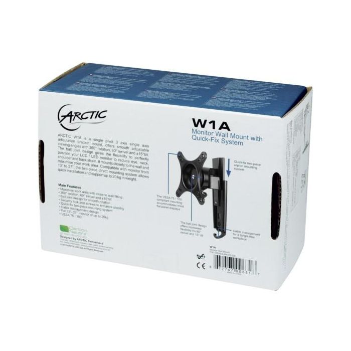 ARCTIC W1A Soporte de Pared para 1 Monitor hasta 43" (109cm) 20kg, VESA, Inclinable, Giratorio, Negro 2