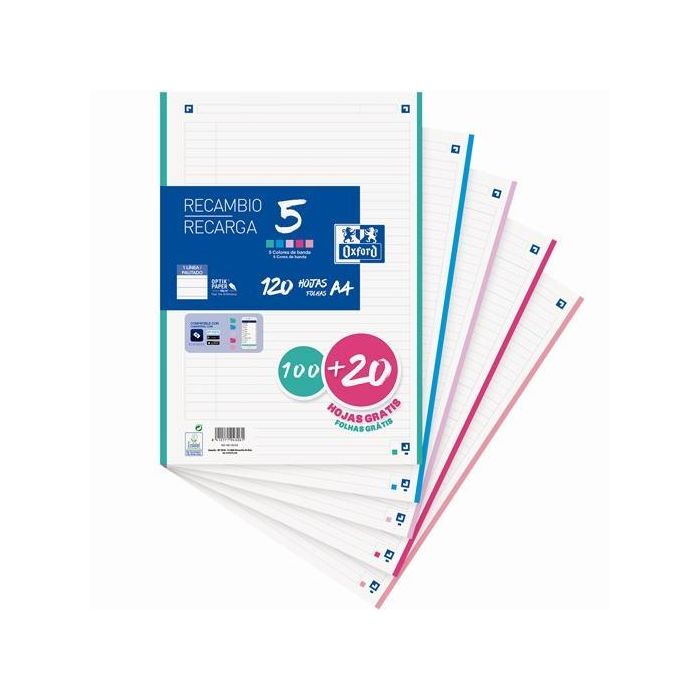 Oxford Recambio Classic 120Hojas A4 Sueltas 90gr 5 Colores Pastel 4 Taladros Compatible SCRIBZEE