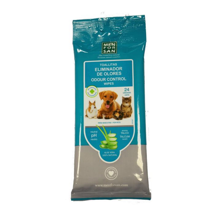 Men For San Toallitas Limpiadoras Eliminador Olores Fragancia Talco para Perros, Gatos, Roedores y Hurones con Aloe Vera 24 unidades