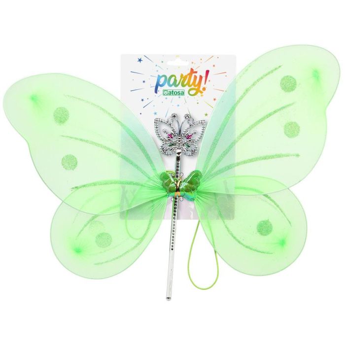 Alas de Hada Verdes con Varita y Purpurina 41x49 cm para Disfraz Mágico 1 Alas de Hada Verdes con Varita y Purpurina 41x49 cm para Disfraz Mágico 1