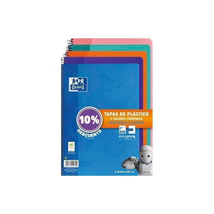 Oxford Cuaderno Espiral 80H Folio 4x4 mm C-Margen Tapa de Plástico Pack 5 Ud 10% Dto C-Surtidos Tendencia