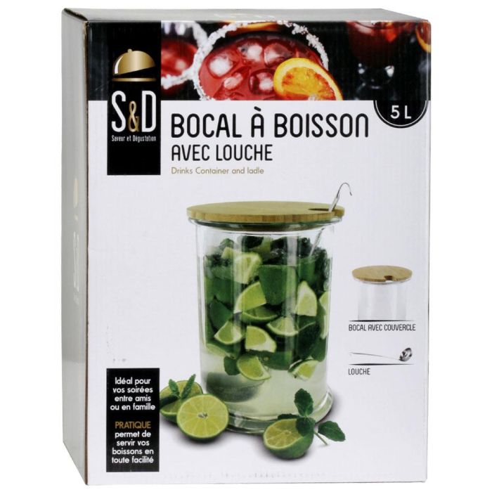 Saveur et Degustation Ponchera Bote 5 L Con Cucharón Cocktail Lounge Cristal Tapa Madera Acero Acero Inoxidable 1