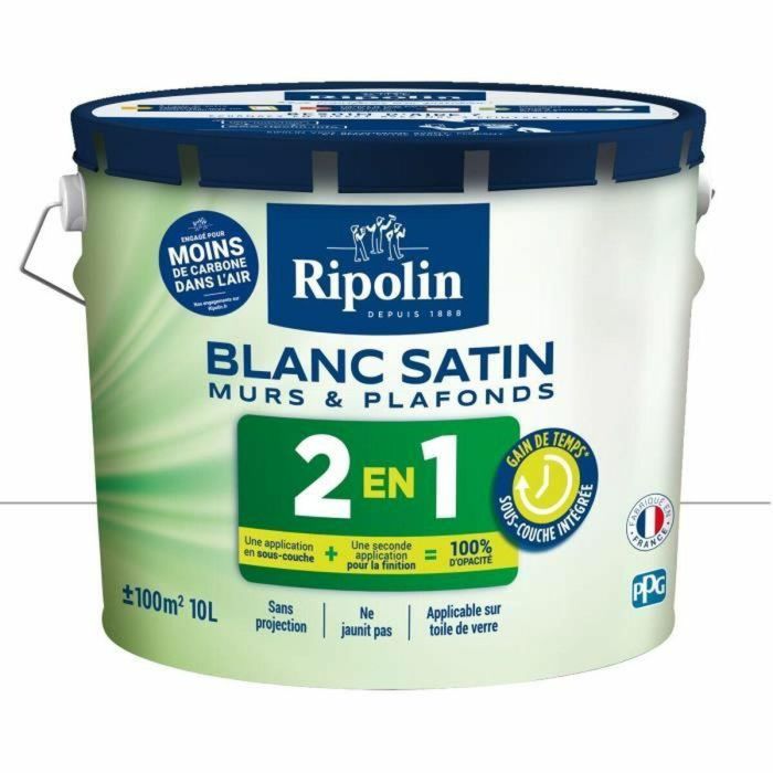 Ripolin Pintura 2 en 1 para Paredes y Techos Blanca Satinada con Base Integrada, Apta para Habitaciones Infantiles - 10 L