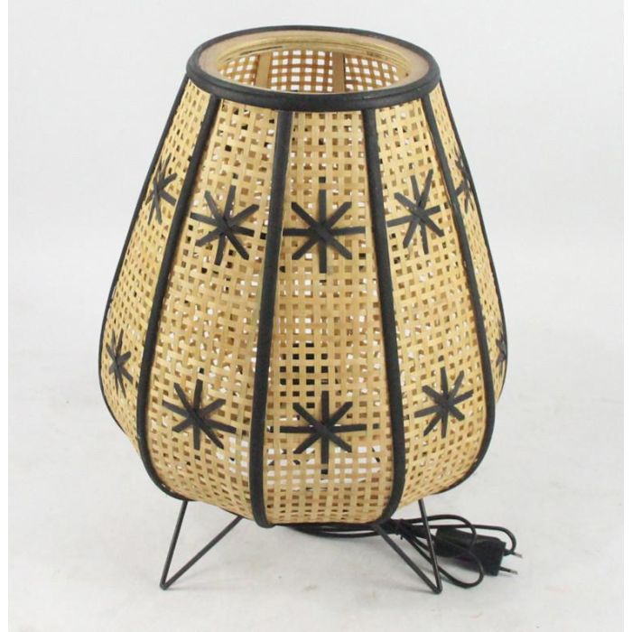 DKD Home Decor Lámpara Sobremesa Tropical de Ratán y Metal E27 Marrón Negro Acabado Natural 37x47x37 cm