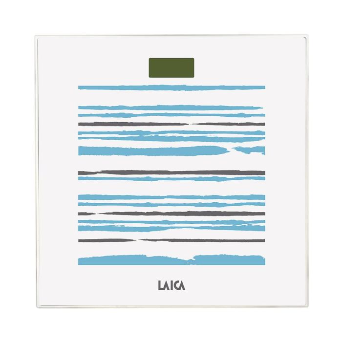 Laica Báscula electrónica de baño blanca con rayas azules y grises, cristal templado 5mm, 150kg, PS1074 1 Laica Báscula electrónica de baño blanca con rayas azules y grises, cristal templado 5mm, 150kg, PS1074 1