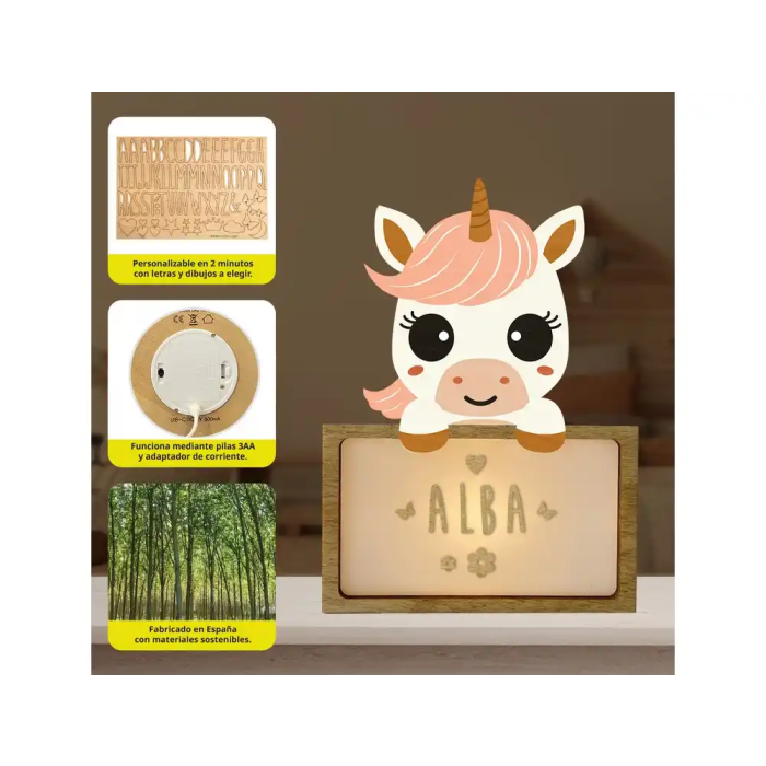 Wondee Lámpara Infantil Personalizable Little Unicorn Abeja Luz Nocturna Quit Miedos Madera Sostenible Batería Cable Tipo C 1