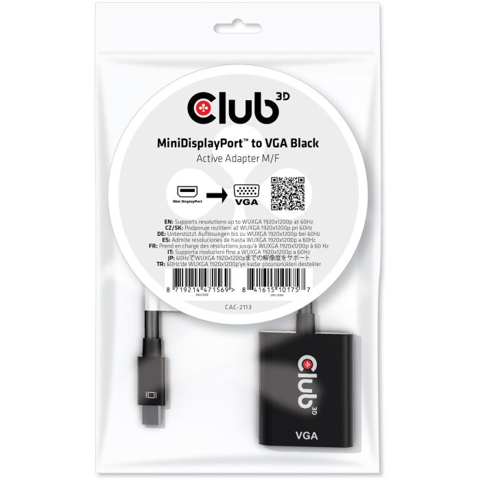 Club3D CAC-2113 Adaptador Mini DisplayPort a VGA Activo Macho/Hembra Negro 0.228m para 1920x1200 a 60Hz