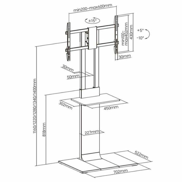 AISENS FT86TSE-399 - Soporte de Suelo Carro para TV/Monitor 37"-86" VESA 600x400mm 50kg con Bandeja DVD Negro 1