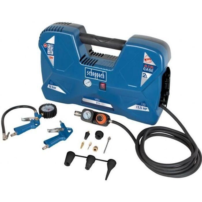 Compresor portátil Scheppach AIR CASE - 2L- 1100 W - 8 bares (Entregado con 12 accesorios, una pistola de aire, una manija de inflado) Compresor portátil Scheppach AIR CASE - 2L- 1100 W - 8 bares (Entregado con 12 accesorios, una pistola de aire, una manija de inflado)