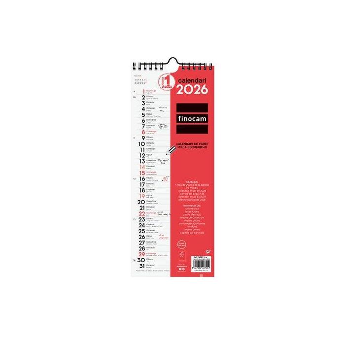 Calendari (2026) Catalan Finocam Paret Mensual Per Escriure Llarg M 130X330