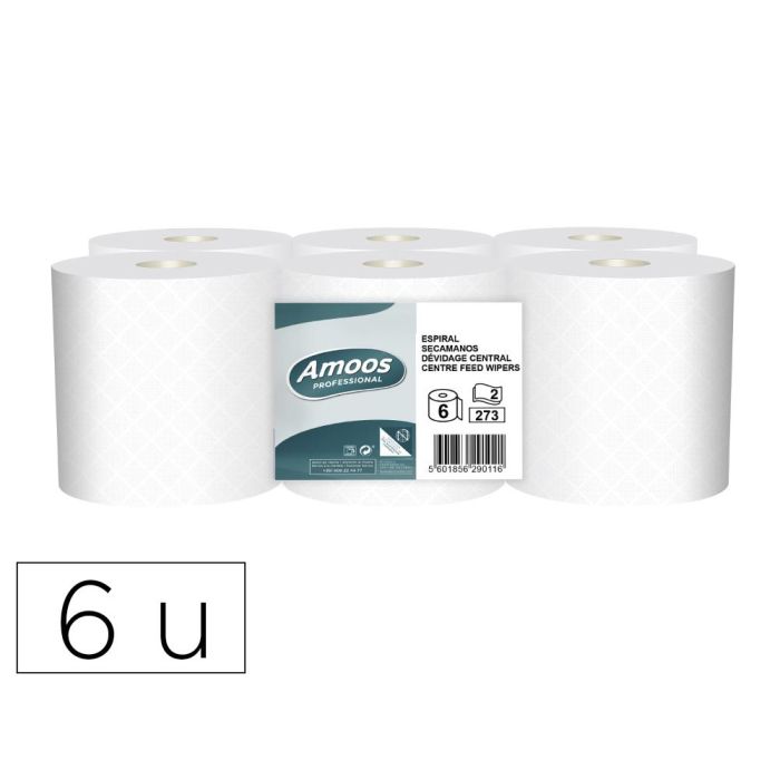 Papel Secamanos Amoos Industrial 2 Capas 32 gr-M2 Blanco 90 Mt Paquete De 6 Rollos