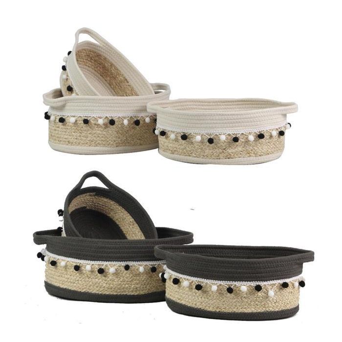 DKD Home Decor Cesta Boho Decorativa Lote de 2 Sets de 3 Piezas Blanco y Gris Oscuro 25x16x45 cm Algodón Fibra de Maíz
