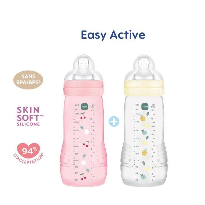 MAM MAM9001616858291 Set de 2 Biberones Easy Active +6 meses 330ml Tetina X-Flow Baya y Perla 1