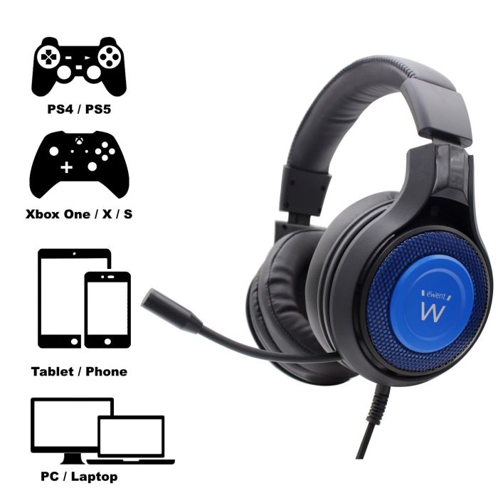 Ewent PL3322 Auriculares Gaming con Micrófono, Diadema Ajustable y Almohadillas Suaves, Altavoces 50 mm, Compatible con PC, PS4/5, Xbox One/S