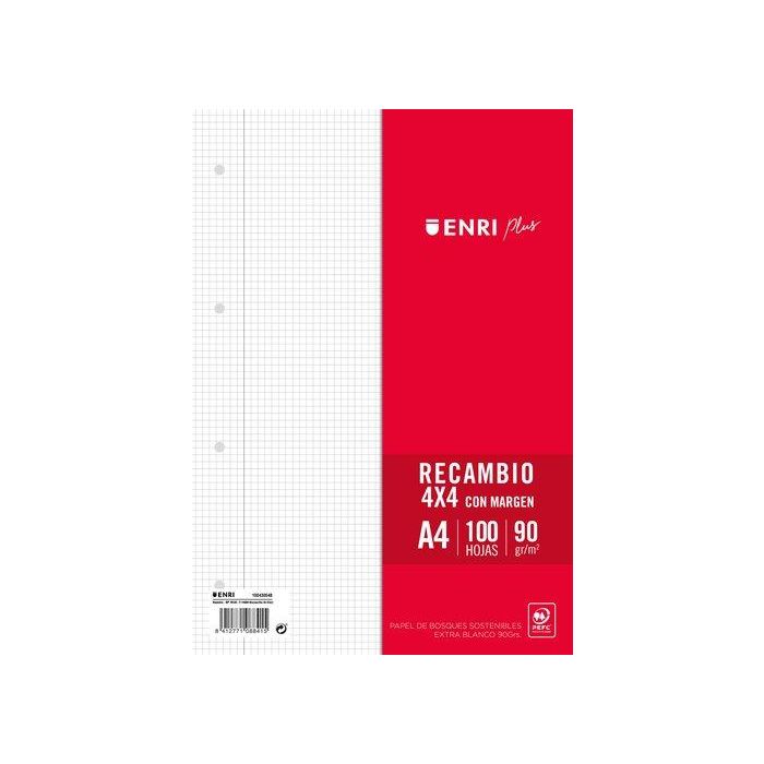 Enri Recambio Plus A4 90 gr 4x4 C-Margen 4 Taladros 100 Hojas