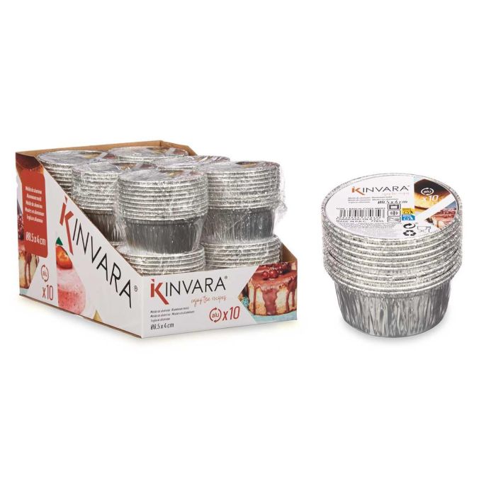 Kinvara Set 10 Moldes de Flan Redondos de Aluminio para Horno, 8.5x8.5x8 cm - Plata (24 Unidades) 2