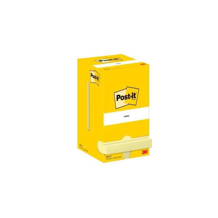 Post-It Bloc Notas Adhesivas 654, 100 Hojas 76x76 mm, Amarillo Canario, Paquete de 12 Unidades