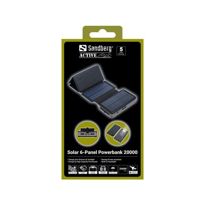 Sandberg Solar 6-Panel Powerbank 20000 mAh con Carga Rápida USB-C PD 20W y USB-A | Batería Externa Plegable para Viajes y Exterior 5