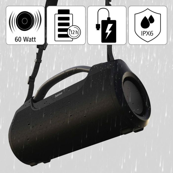 Hama Altavoz Soundbarrel Negro - Sonido Potente, Bluetooth 5.0, Resistente al Agua IPX6, Batería de 12h 14