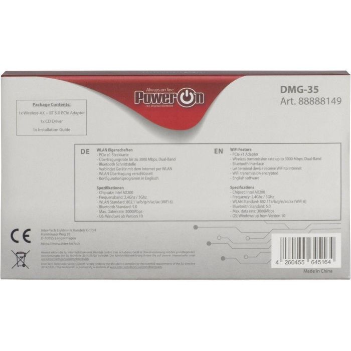 Inter-Tech DMG-35 Adaptador de Red Inalámbrico Interno PCIe, Wi-Fi 6, Bluetooth 5.0, 3000 Mbit/s, Doble Banda 5