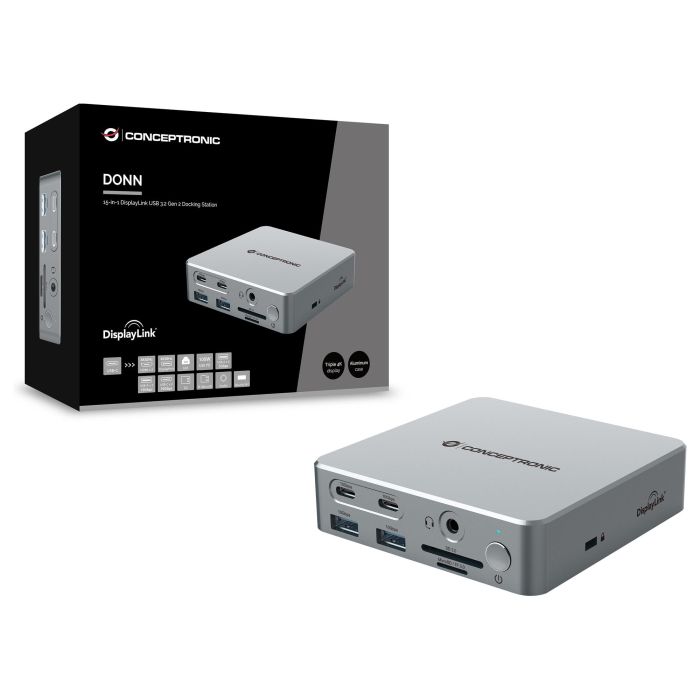 Conceptronic DONN25G Docking Station USB-C 15 en 1 con 2x HDMI, Ethernet, Lector de Tarjetas y Puerto Audio - Plata